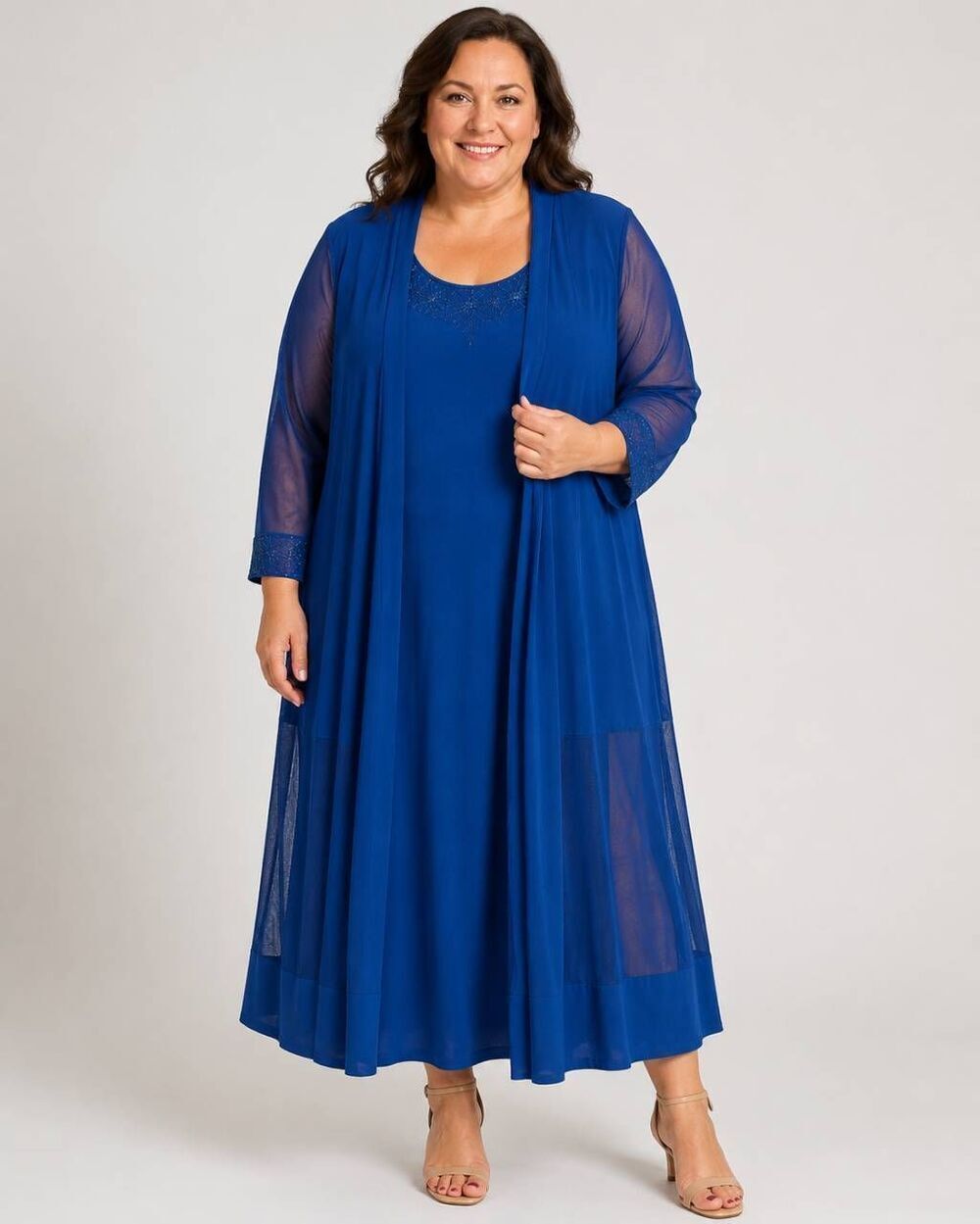 R&M Richards Woman 3X Peacock Blue 2 Piece Dress Set Sheer Jacket Beaded Plus Si